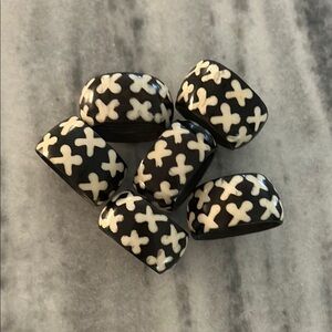 Handmade Batik Bone Napkin Rings Set of 6 Dark Brown and White X Pattern